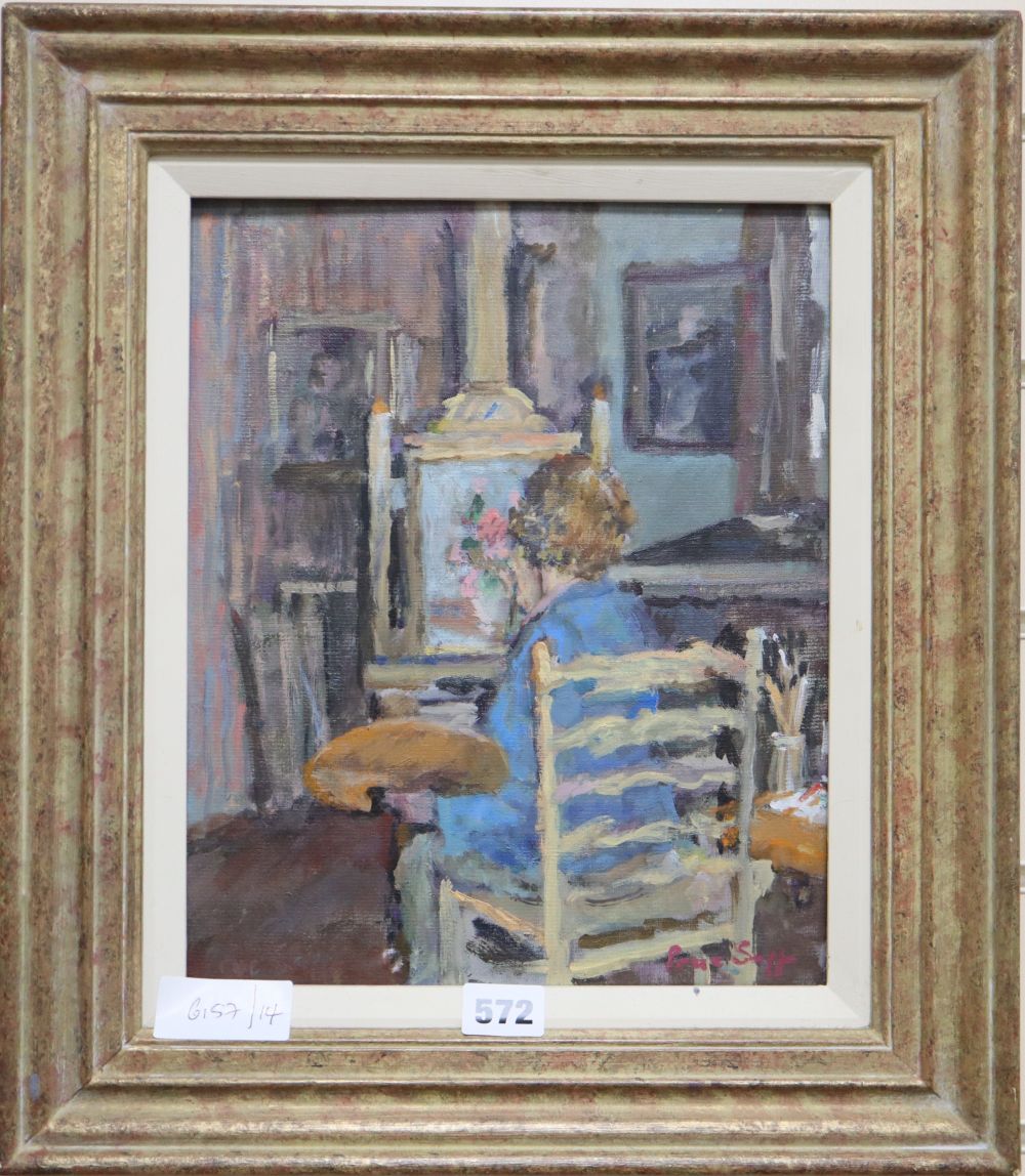 Prue Sapp (1928-2013), oil on board, Mary Remington at her easel, signed, 2004 Mall Gallery label verso, 30 x 24.5cm